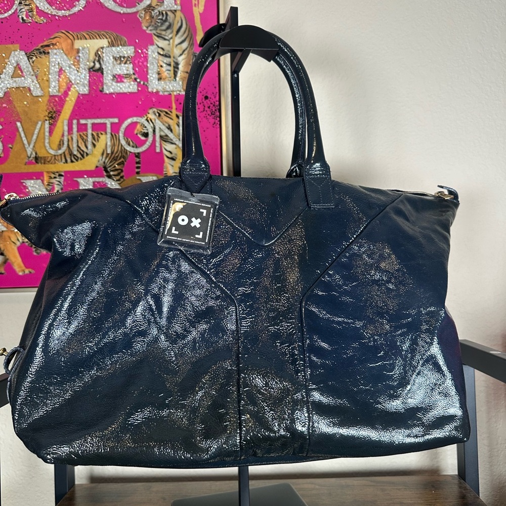 Yves Saint Laurent Shiny Patent Navy Tote